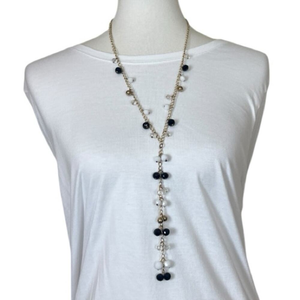 Women’s Lariat Necklace Black Gold White Long Round Beads 20/22” Length